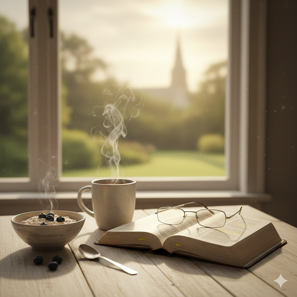 Pokojná ranná káva a Biblia