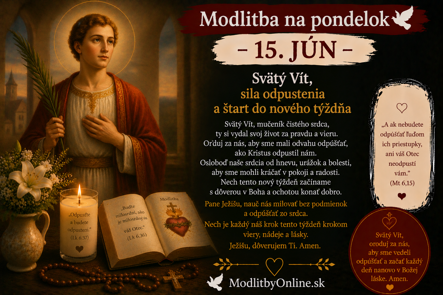 Modlitba na pondelok (15. jún): Svätý Vít, sila odpustenia a štart do nového týždňa