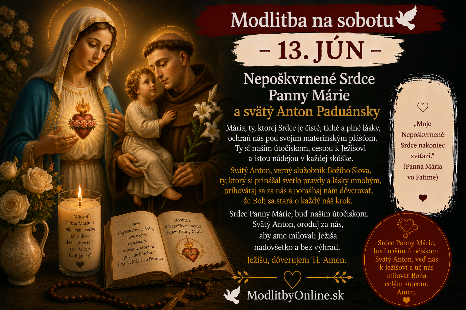 Modlitba na sobotu (13. jún): Nepoškvrnené Srdce Panny Márie a svätý Anton Paduánsky