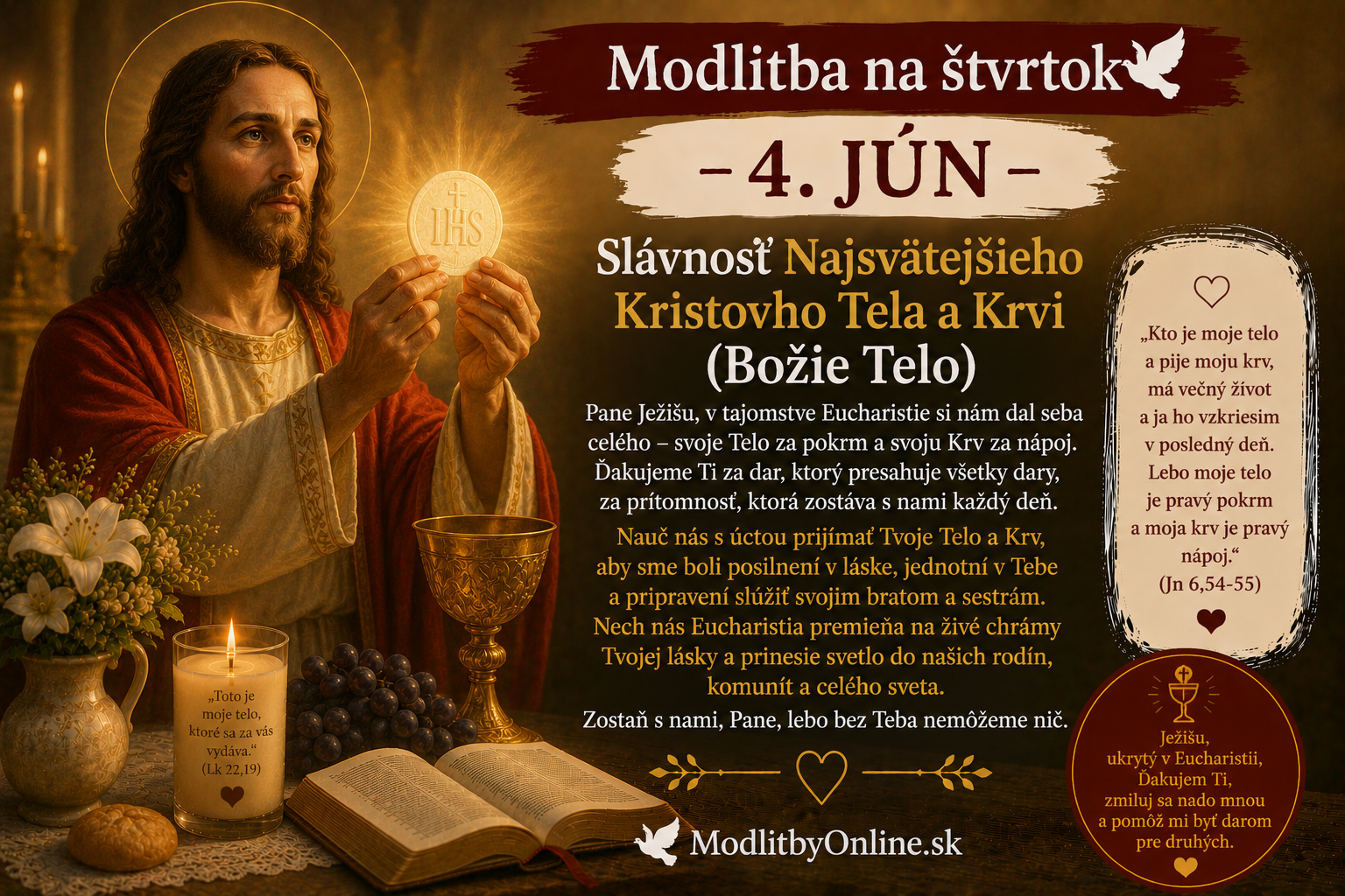 Modlitba na štvrtok (4. jún): Slávnosť Najsvätejšieho Kristovho Tela a Krvi (Božie Telo)