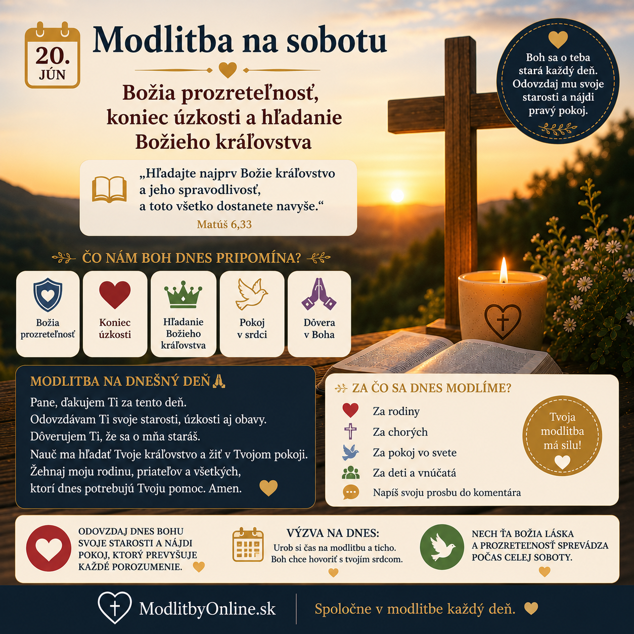 Modlitba na sobotu (20. jún): Božia prozreteľnosť, koniec úzkosti a hľadanie Božieho kráľovstva