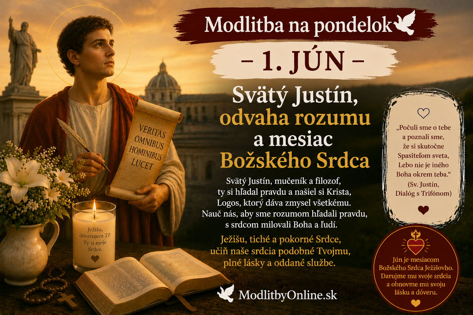 Modlitba na pondelok (1. jún): Svätý Justín, odvaha rozumu a mesiac Božského Srdca