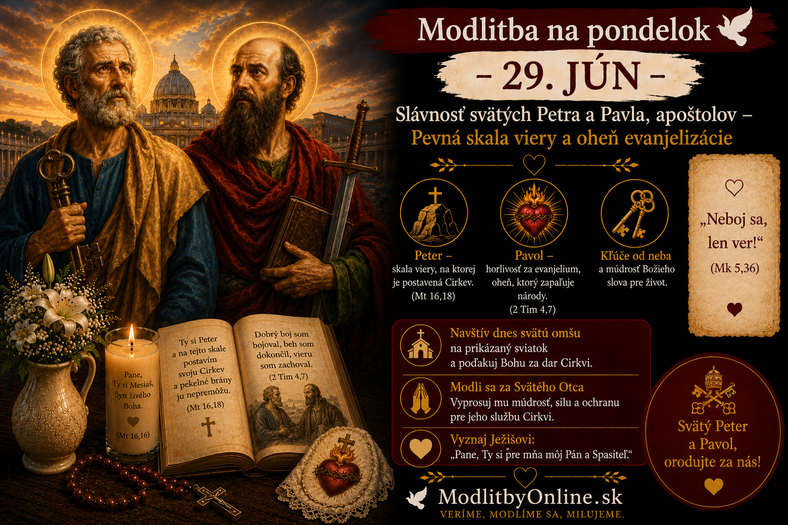 Modlitba na pondelok (29. jún): Slávnosť svätých Petra a Pavla – Pevná skala viery a oheň evanjelizácie