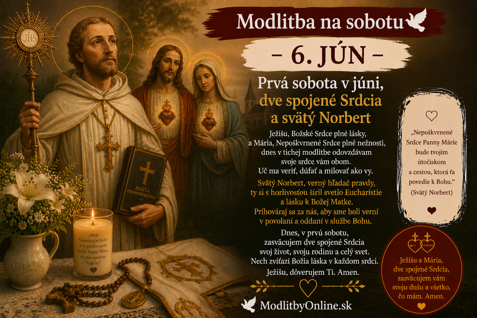 Modlitba na sobotu (6. jún): Prvá sobota v júni, dve spojené Srdcia a svätý Norbert