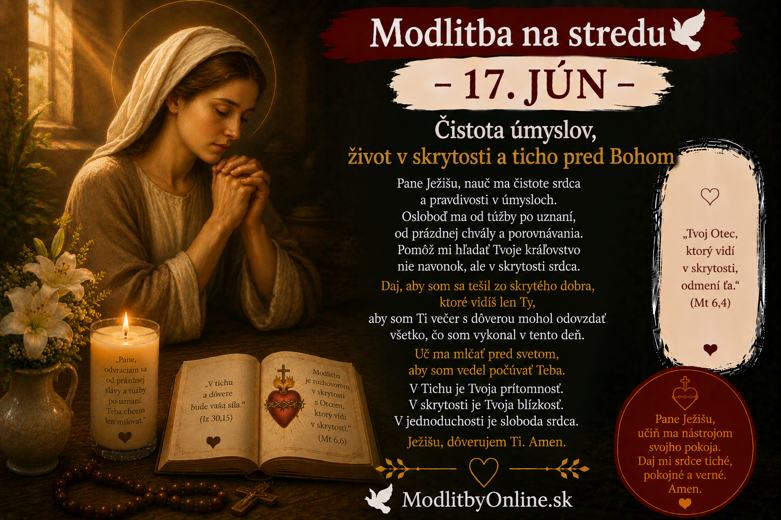 Modlitba na stredu (17. jún): Čistota úmyslov, život v skrytosti a ticho pred Bohom
