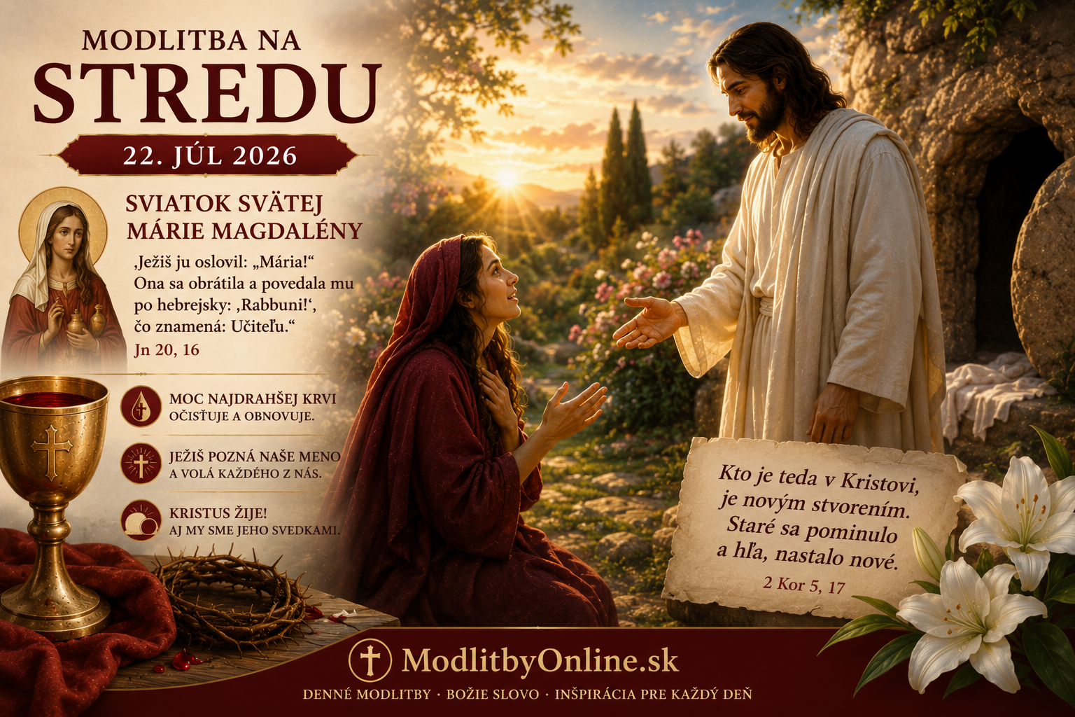 Modlitba na stredu (22. júl): Sviatok svätej Márie Magdalény – „Rabbuni!“, odpusťujúca moc Najdrahšej Krvi a stretnutie so Vzkrieseným
