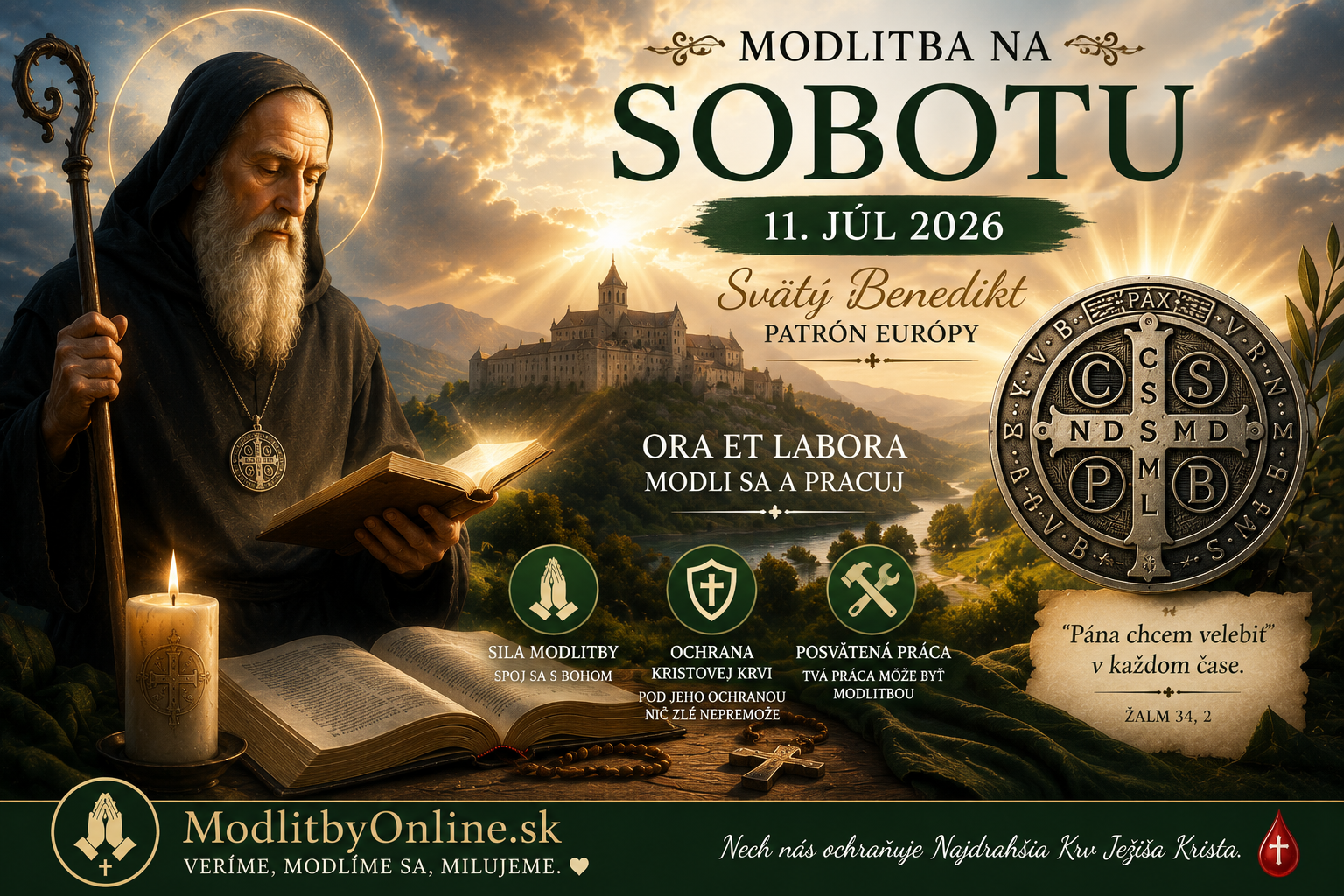 Modlitba na sobotu (11. júl): Svätý Benedikt, patrón Európy – Sila duchovného boja, „Ora et labora“ a ochrana Kristovej Krvi