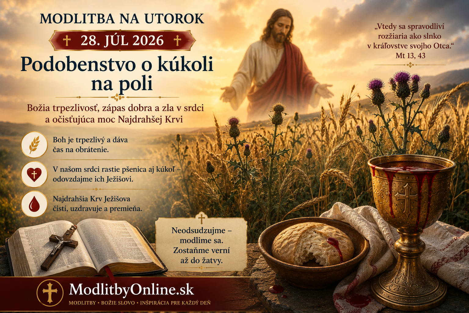 Modlitba na utorok (28. júl): Podobenstvo o kúkoli na poli – Božia trpezlivosť, zápas dobra a zla v srdci a očisťujúca moc Najdrahšej Krvi