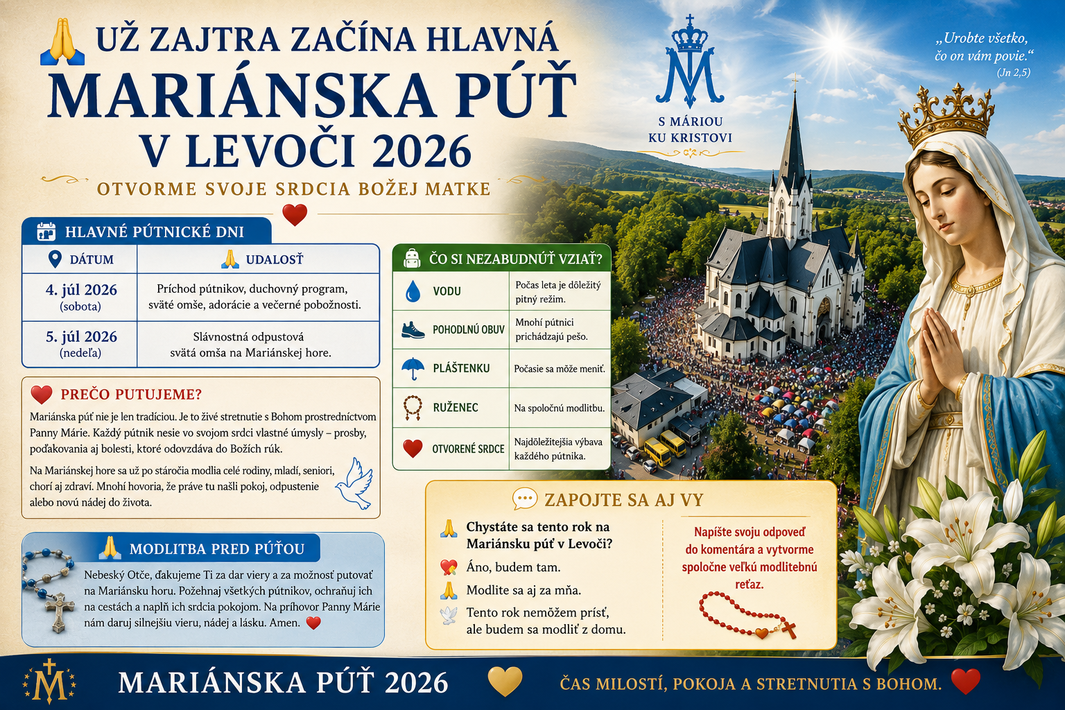 🙏 Už zajtra začína hlavná Mariánska púť v Levoči 2026: Otvorme svoje srdcia Božej Matke