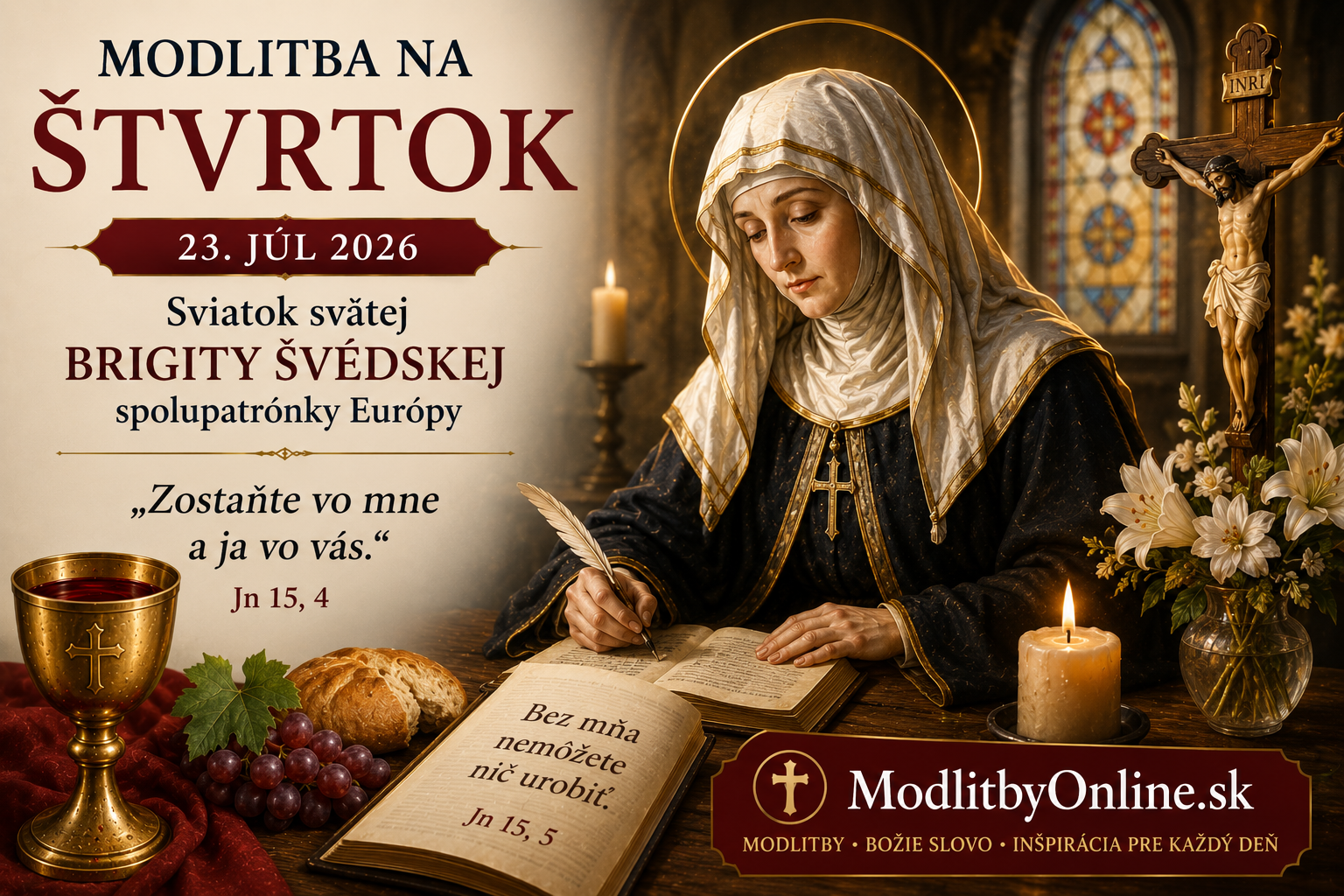 Modlitba na štvrtok (23. júl): Sviatok svätej Brigity Švédskej, spolupatrónky Európy – „Zostaňte vo mne!“ a život v sile Kristovej Krvi