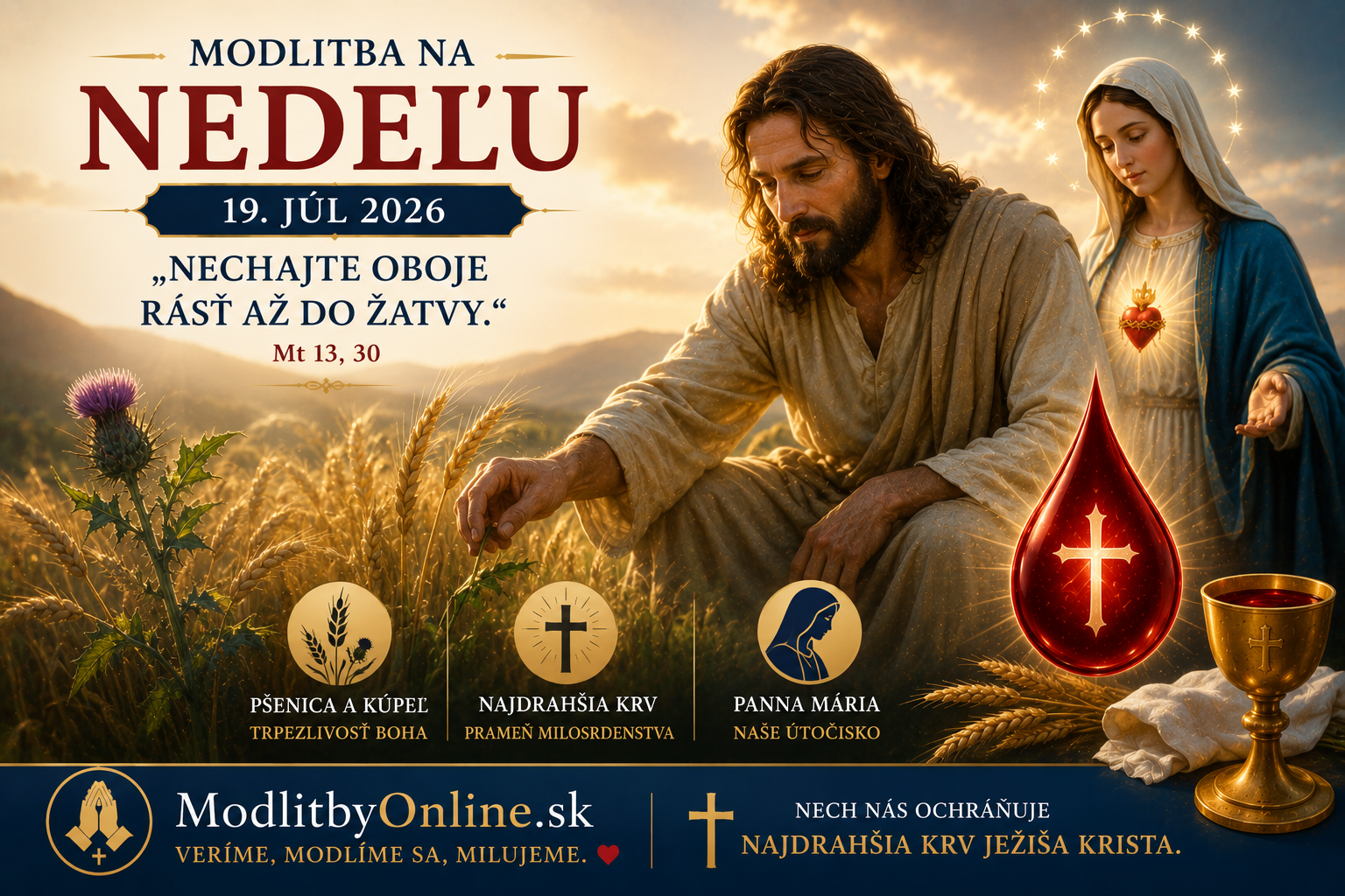Modlitba na nedeľu (19. júl): Podobenstvo o pšenici a kúpeli – Božia trpezlivosť s našou slabosťou a sila Najdrahšej Krvi, ktorá premieňa hriešnika