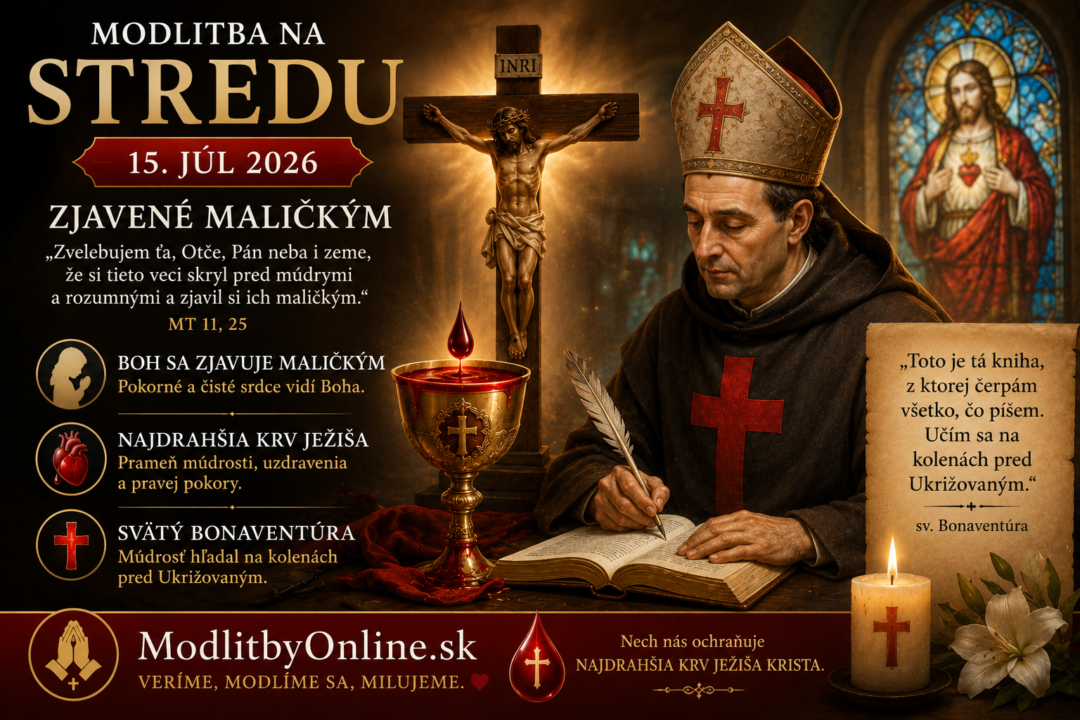 Modlitba na stredu (15. júl): Zjavené maličkým – Pokora svätého Bonaventúru, čistota srdca a tajomstvá Najdrahšej Krvi