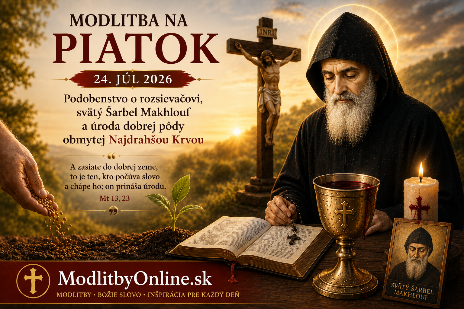 Modlitba na piatok (24. júl): Podobenstvo o rozsievačovi, svätý Šarbel Makhlouf a úroda dobrej pôdy obmytej Najdrahšou Krvou