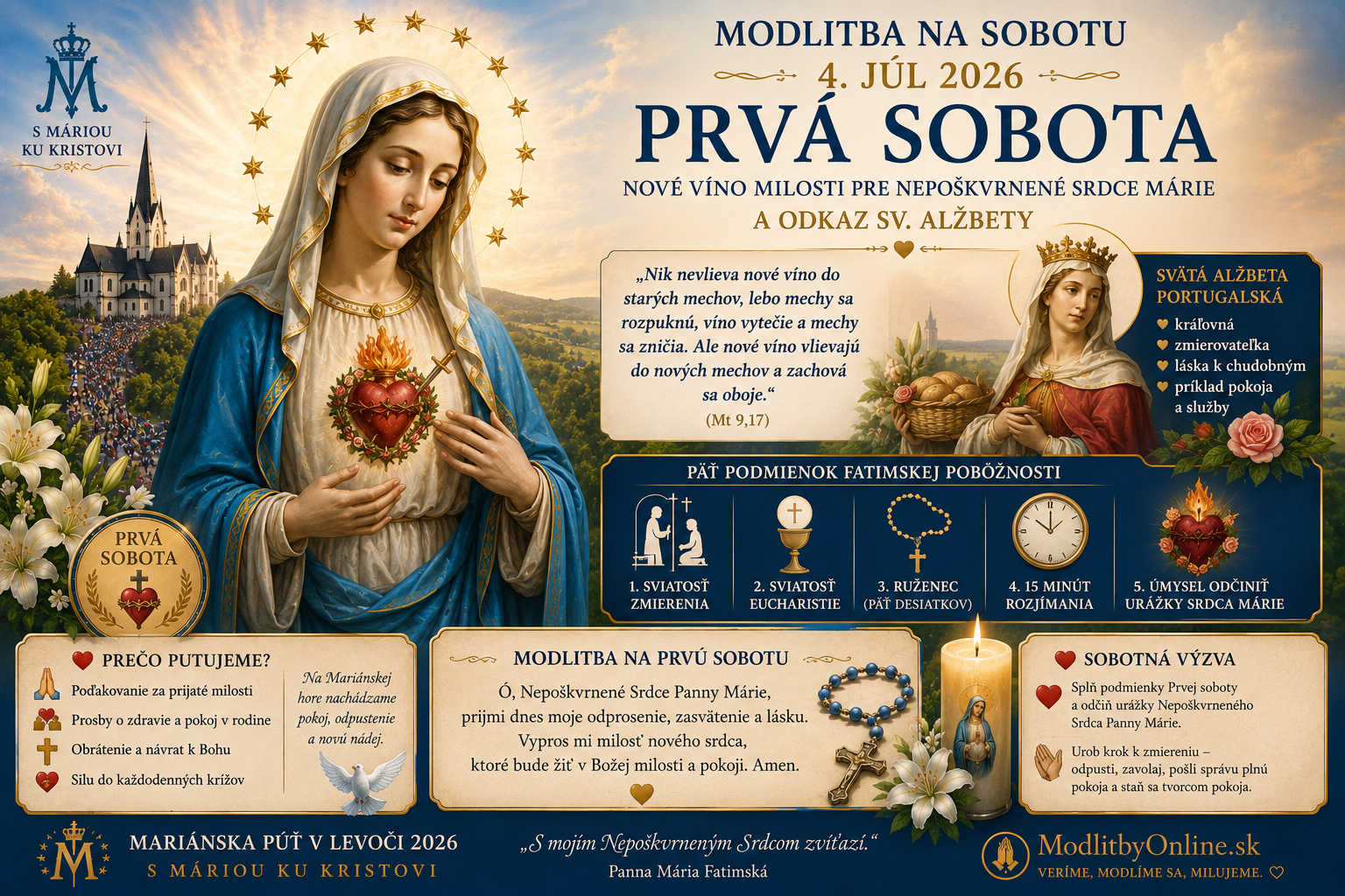 Modlitba na sobotu (4. júl): Prvá júlová sobota – Nové víno milosti pre Nepoškvrnené Srdce Márie a odkaz sv. Alžbety