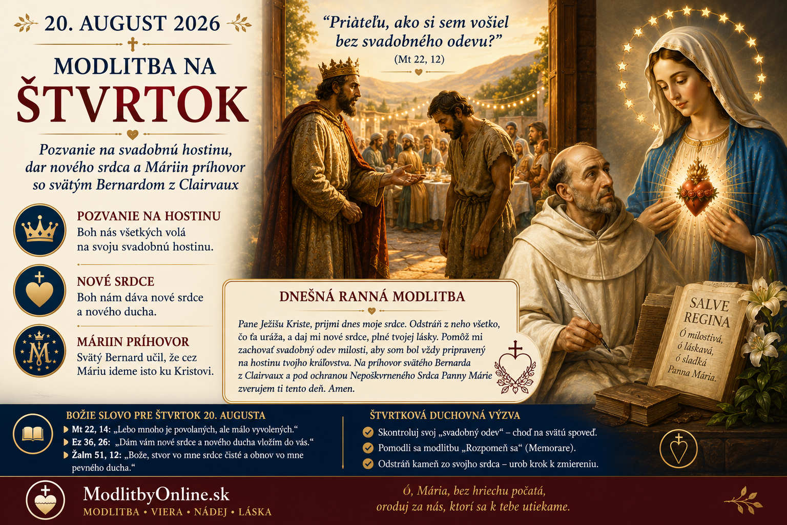 Modlitba na štvrtok (20. august): Pozvanie na svadobnú hostinu, dar nového srdca a Máriin príhovor so svätým Bernardom z Clairvaux