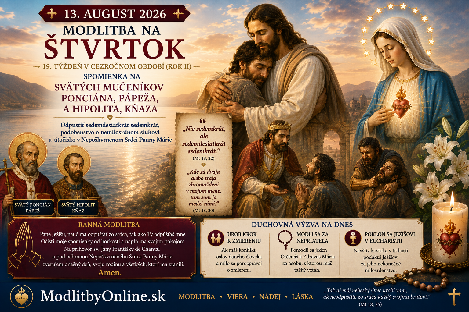 Modlitba na štvrtok (13. august): Odpustiť sedemdesiatkrát sedemkrát, podobenstvo o nemilosrdnom sluhovi a svedectvo zmierenia svätého Ponciána a Hipolita v Nepoškvrnenom Srdci Panny Márie