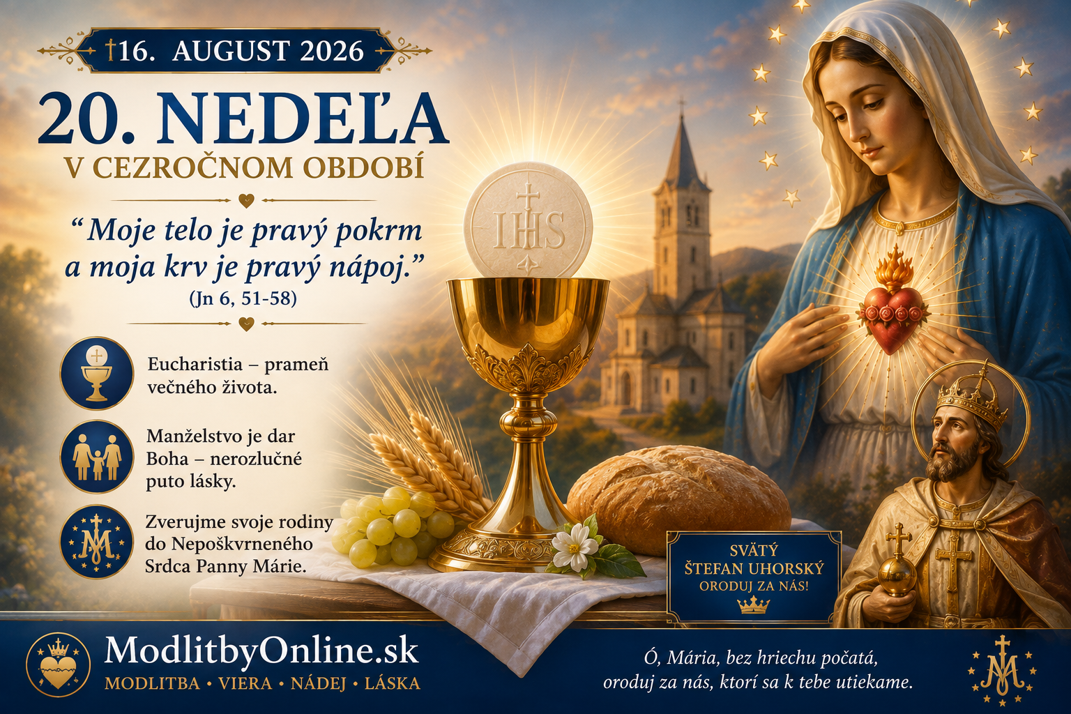 Modlitba na nedeľu (16. august): 20. nedeľa v Cezročnom období – Moje telo je pravý pokrm, eucharistický zázrak života a útočište v Nepoškvrnenom Srdci Panny Márie