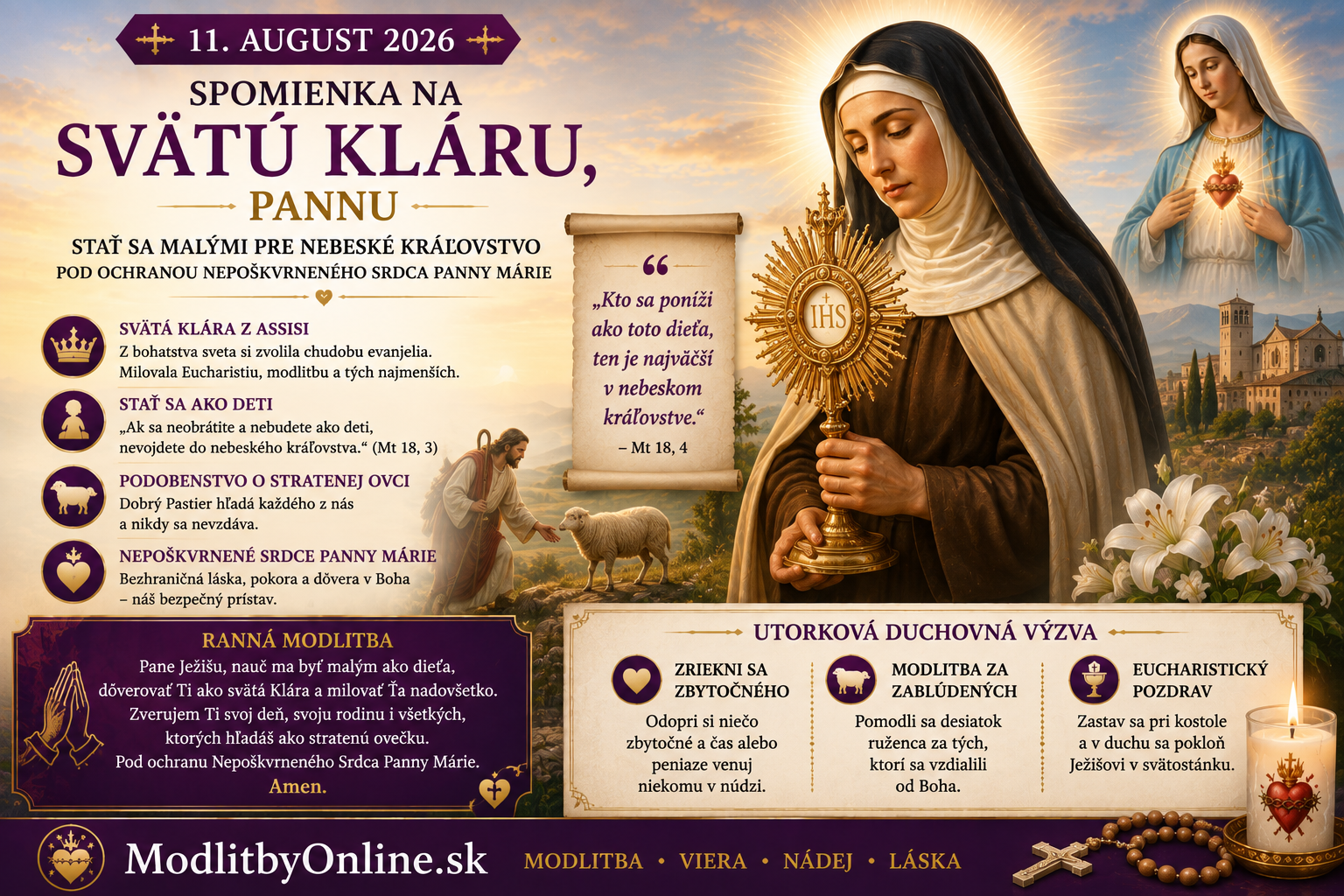Modlitba na utorok (11. august): Spomienka svätej Kláry, panny – Stať sa malými pre nebeské kráľovstvo, podobenstvo o stratenej ovci a útočisko v Nepoškvrnenom Srdci Panny Márie