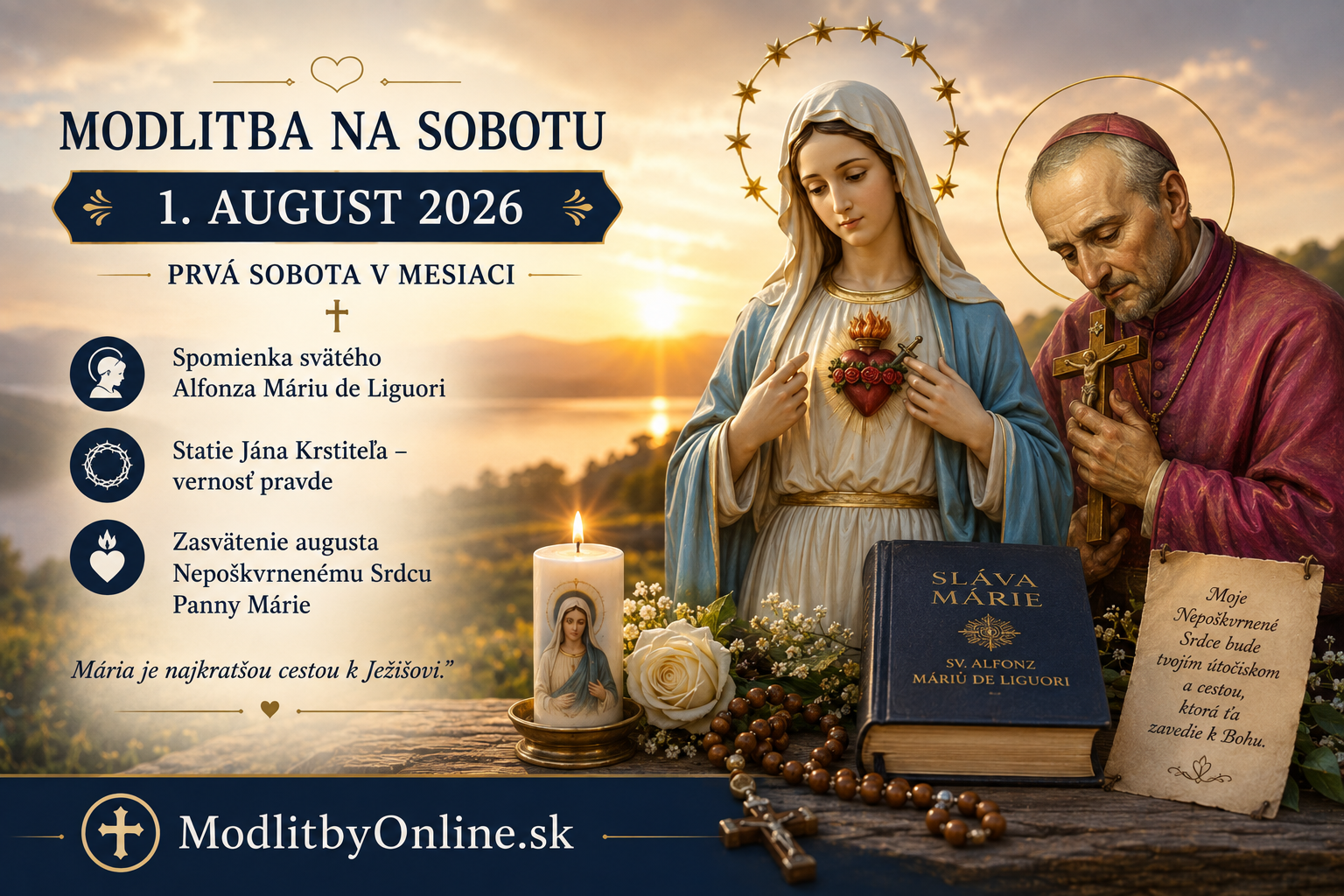 Modlitba na sobotu (1. august): Spomienka svätého Alfonza Máriu de Liguori, Prvá sobota v mesiaci – Sťatie Jána Krstiteľa, vernosť pravde a zasvätenie augusta Nepoškvrnenému Srdcu Panny Márie