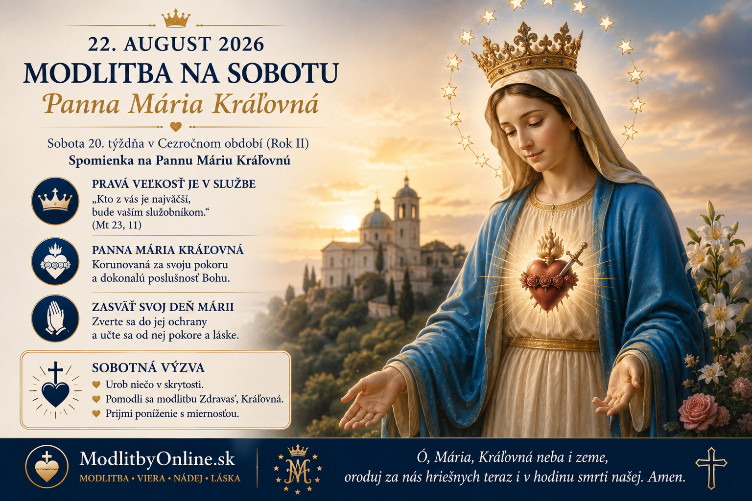 Modlitba na sobotu (22. august): Panna Mária Kráľovná, pravá veľkosť v službe a varovanie pred pokrytectvom