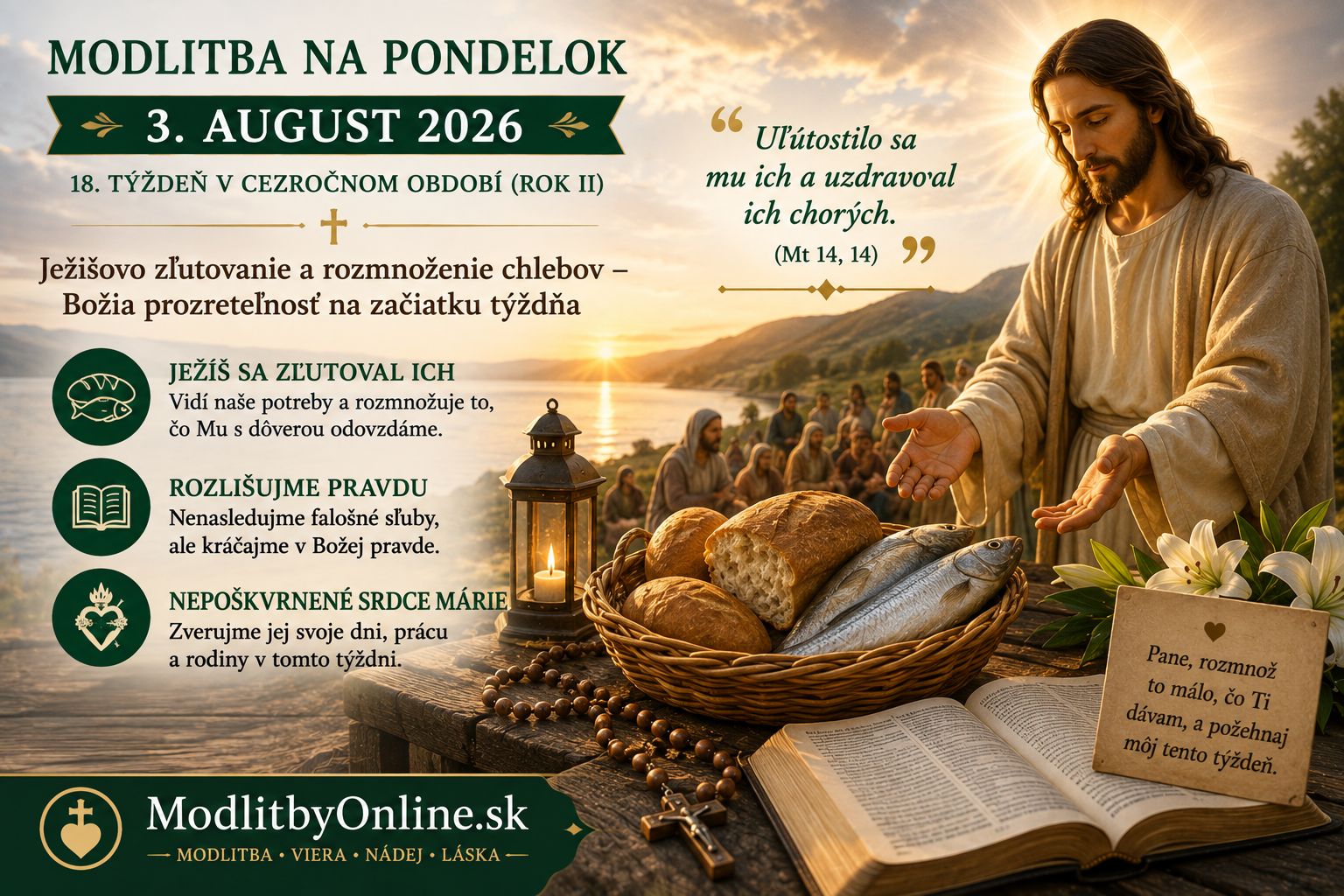 Modlitba na pondelok (3. august): Ježišovo zľutovanie a rozmnoženie chlebov – Božia prozreteľnosť na začiatku týždňa, rozlišovanie pravdy a ochrana Nepoškvrneného Srdca Panny Márie
