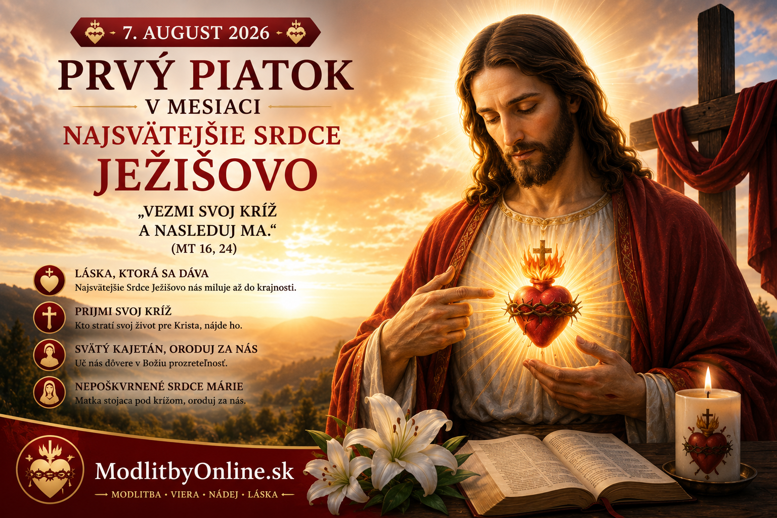 Modlitba na piatok (7. august): Prvý piatok v mesiaci – Najsvätejšie Srdce Ježišovo, „Vezmi svoj kríž a nasleduj ma“, svätý Kajetán a náruč Nepoškvrneného Srdca Panny Márie