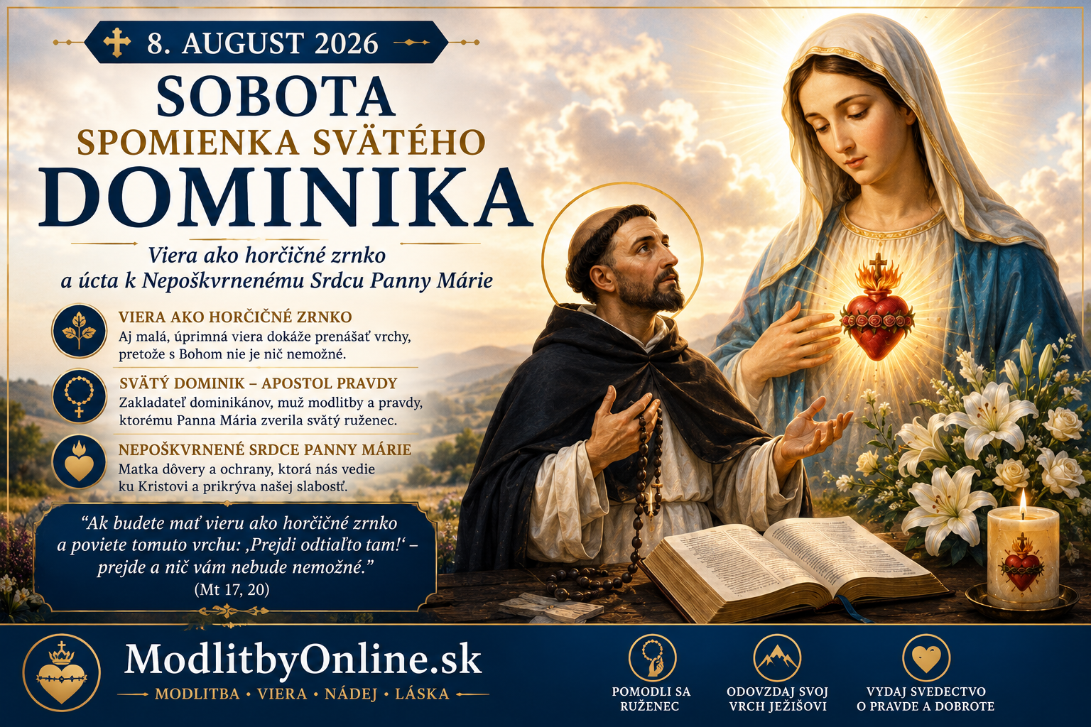 Modlitba na sobotu (8. august): Spomienka svätého Dominika, viera ako horčičné zrnko a sobotná úcta k Nepoškvrnenému Srdcu Panny Márie