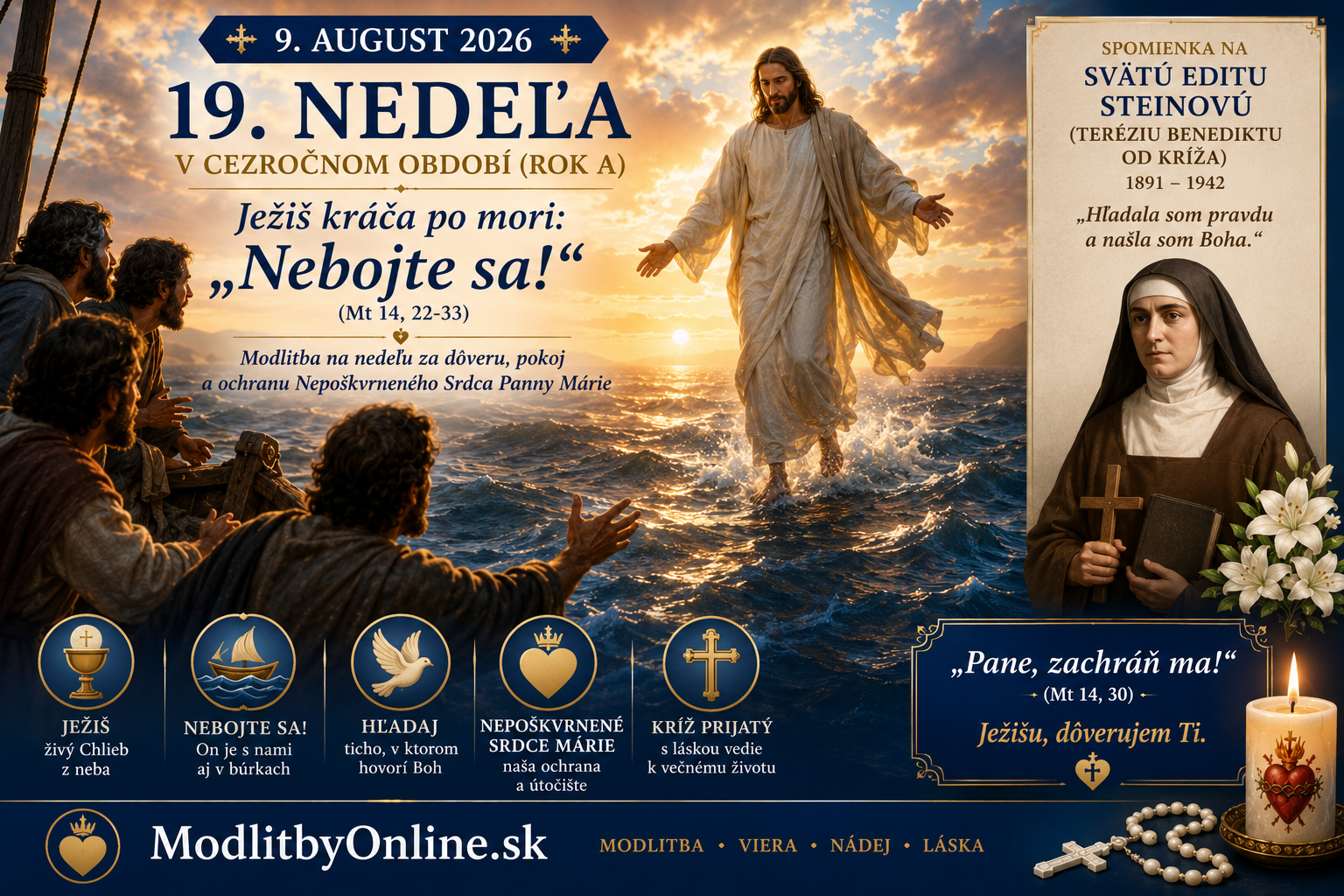 Modlitba na nedeľu (9. august): 19. nedeľa v Cezročnom období – Ježiš kráča po mori, „Nebojte sa!“ a dôvera v Boha pod ochranou Panny Márie