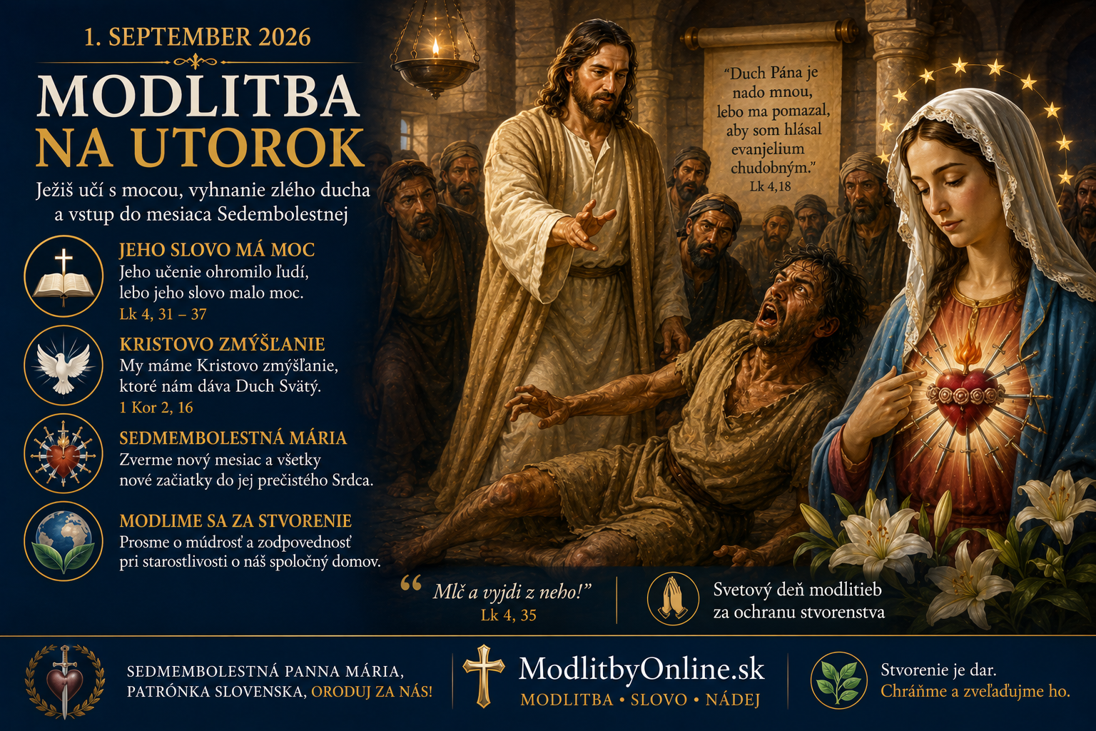 Modlitba na utorok (1. september): Ježiš učí s mocou, vyhnanie zlého ducha a vstup do mesiaca Sedembolestnej